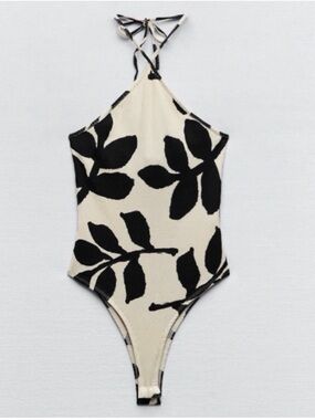 Zara Cream and Black Leaf Halter Bodysuit